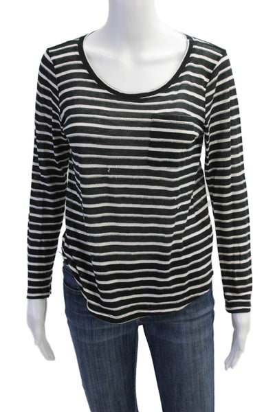 Splendid Womens Striped Round Neck Pullover Long Sleeve Knit Top Black Size M