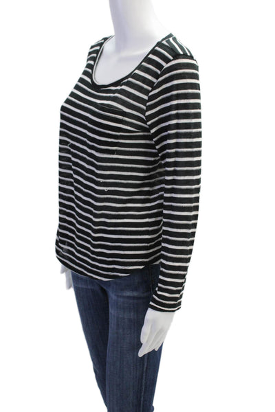 Splendid Womens Striped Round Neck Pullover Long Sleeve Knit Top Black Size M