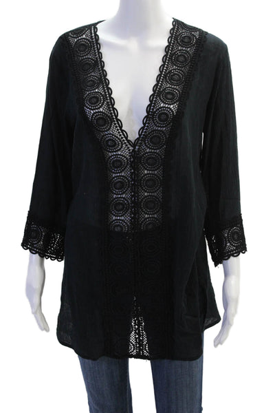 La Blanca Womens Cotton Embroidered Long Sleeve Pullover Tunic Top Black Size XS