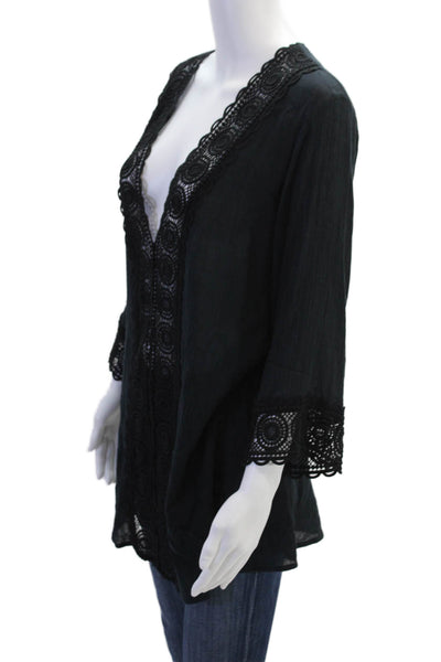 La Blanca Womens Cotton Embroidered Long Sleeve Pullover Tunic Top Black Size XS