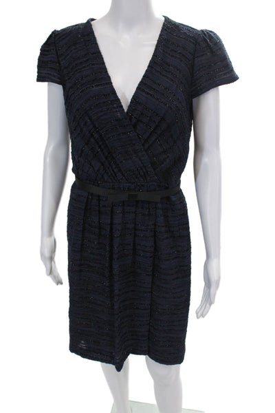 Milly Womens Sparkly Striped V-Neck Knee Length Short Sleeve Dress Navy Size 6