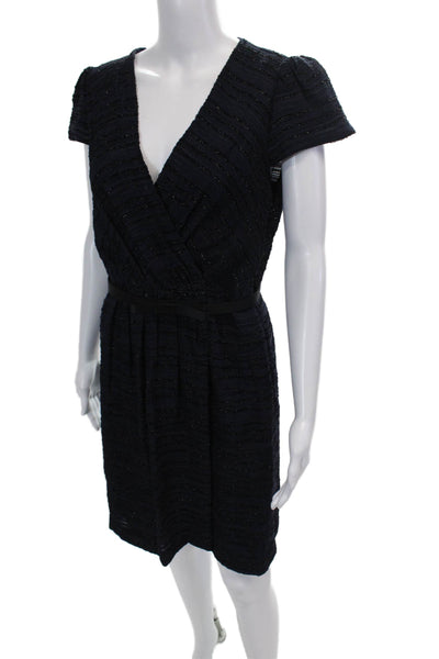 Milly Womens Sparkly Striped V-Neck Knee Length Short Sleeve Dress Navy Size 6