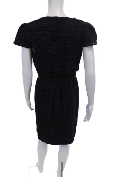 Milly Womens Sparkly Striped V-Neck Knee Length Short Sleeve Dress Navy Size 6