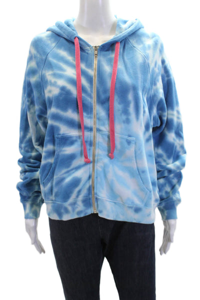 Warm Womens Tie-Dye Long Sleeve Drawstring Full Zippered Hoodie Blue Size S