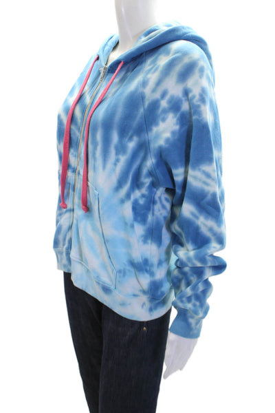 Warm Womens Tie-Dye Long Sleeve Drawstring Full Zippered Hoodie Blue Size S