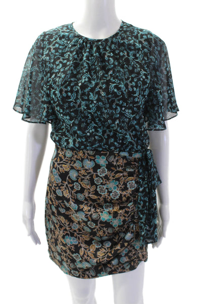 Misa Womens Metallic Floral Print Short Sleeve Knee Length Dress Blue Size XS