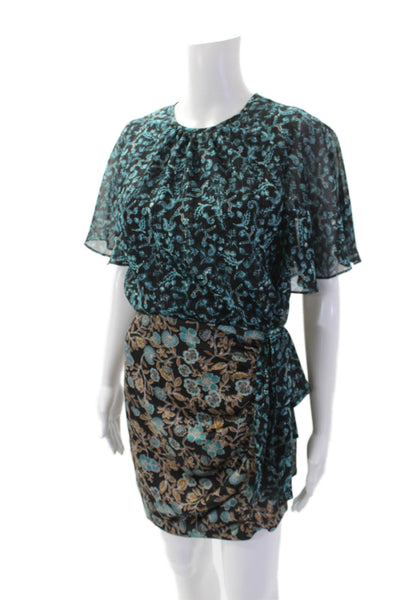 Misa Womens Metallic Floral Print Short Sleeve Knee Length Dress Blue Size XS