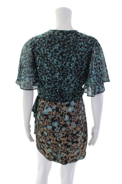 Misa Womens Metallic Floral Print Short Sleeve Knee Length Dress Blue Size XS