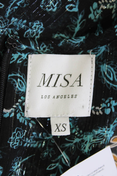 Misa Womens Metallic Floral Print Short Sleeve Knee Length Dress Blue Size XS