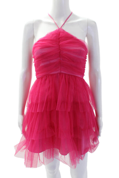 Likely Womens Ruched High Neck Sleeveless zIP uP  Tiered Mini Dress Pink Size 00