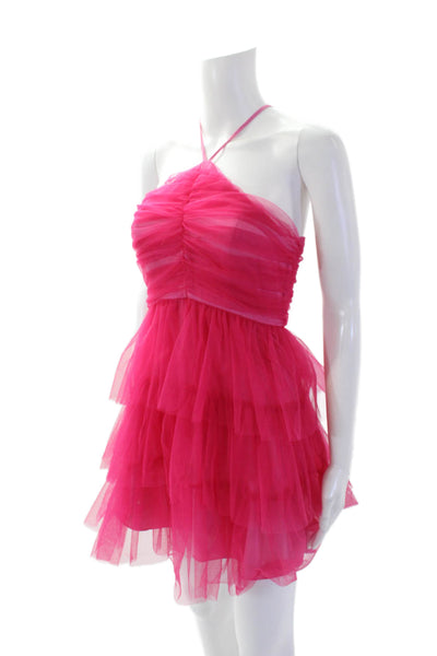 Likely Womens Ruched High Neck Sleeveless zIP uP  Tiered Mini Dress Pink Size 00