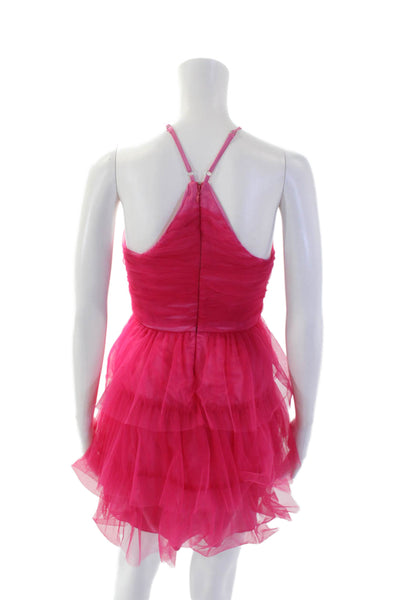 Likely Womens Ruched High Neck Sleeveless zIP uP  Tiered Mini Dress Pink Size 00