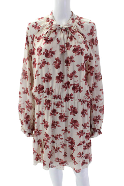 Aakaa Womens Textured Long Sleeve V-neck Floral Short Dress Cream Size M