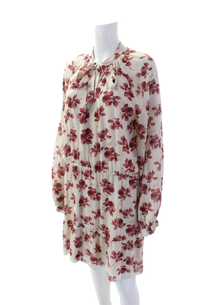 Aakaa Womens Textured Long Sleeve V-neck Floral Short Dress Cream Size M