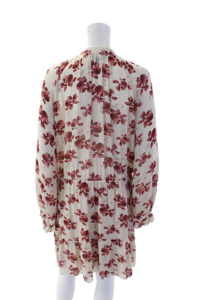 Aakaa Womens Textured Long Sleeve V-neck Floral Short Dress Cream Size M