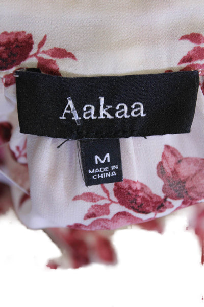 Aakaa Womens Textured Long Sleeve V-neck Floral Short Dress Cream Size M