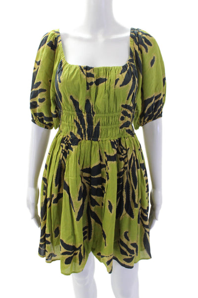 Tanya Taylor Womens Short Sleeve Scoop Neck Mini Dress Green Black Size XS