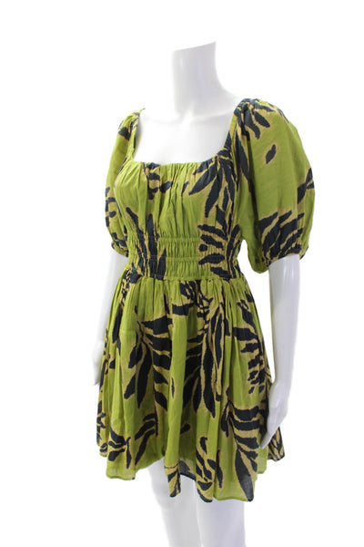 Tanya Taylor Womens Short Sleeve Scoop Neck Mini Dress Green Black Size XS