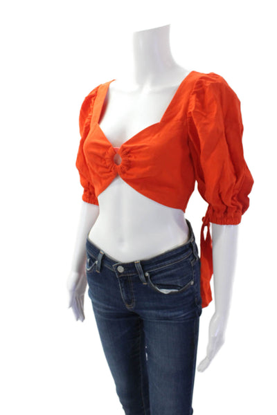 Finders Keepers Women's Puff Sleeves O-Ring Cropped Top Blouse Orange Size XS