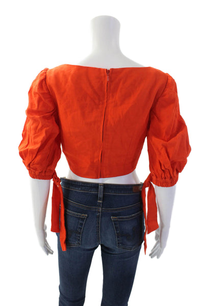 Finders Keepers Women's Puff Sleeves O-Ring Cropped Top Blouse Orange Size XS