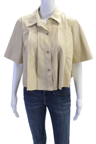 Maeve Anthropologie Womens Textured Short Sleeve Button Crop Top Nude Size S