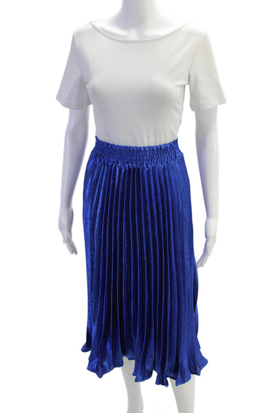 HD In Paris Womens Satin Pleated Elastic Waist Mid-Calf Skirt Blue Size L