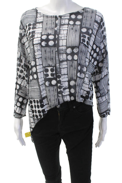 Shana Womens Geometric Sheer Asymmetric Hem Long Sleeve Blouse Black Sz XS