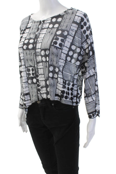 Shana Womens Geometric Sheer Asymmetric Hem Long Sleeve Blouse Black Sz XS