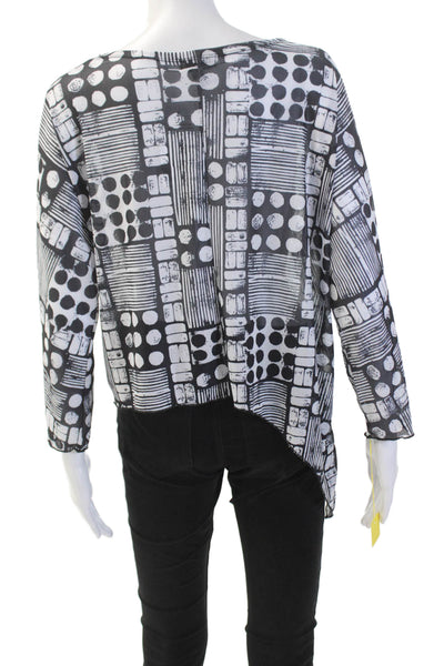 Shana Womens Geometric Sheer Asymmetric Hem Long Sleeve Blouse Black Sz XS