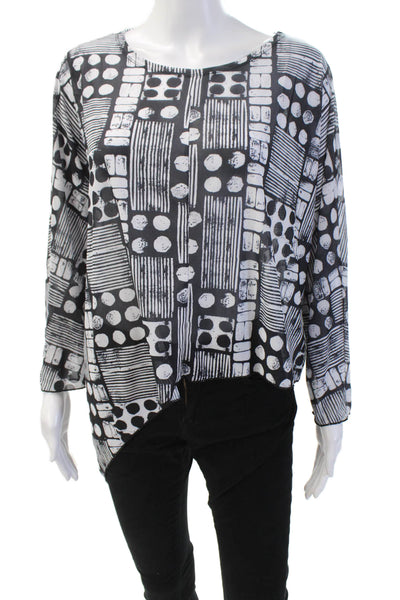 Shana Womens Geometric Sheer Asymmetric Hem Long Sleeve Blouse Black Size L