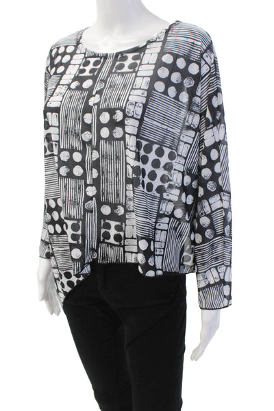 Shana Womens Geometric Sheer Asymmetric Hem Long Sleeve Blouse Black Size L