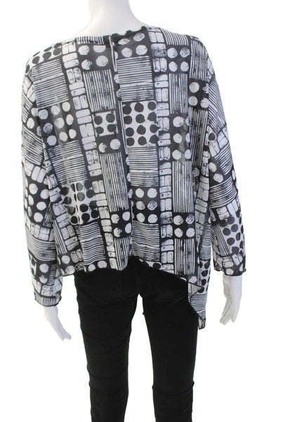 Shana Womens Geometric Sheer Asymmetric Hem Long Sleeve Blouse Black Size L