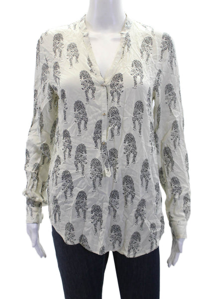 philosophy Womens Animal Print Button Down V-Neck Blouse Top White Size S
