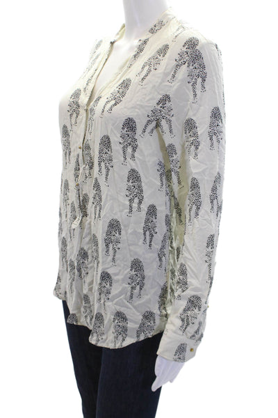 philosophy Womens Animal Print Button Down V-Neck Blouse Top White Size S