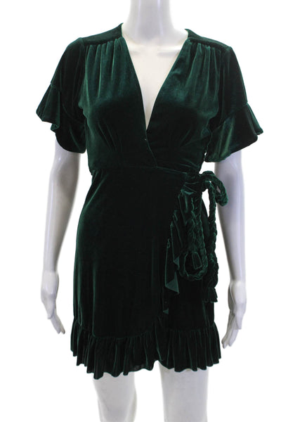 Misa Womens SHort Sleeve V Neck Velvet Mini Wrap Dress Green Size Extra Small
