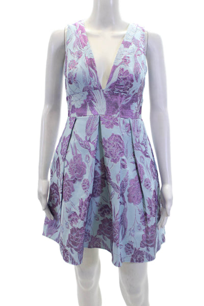 Marchesa Notte Womens Back Zip V Neck Metallic Floral Dress Blue Purple Size 0