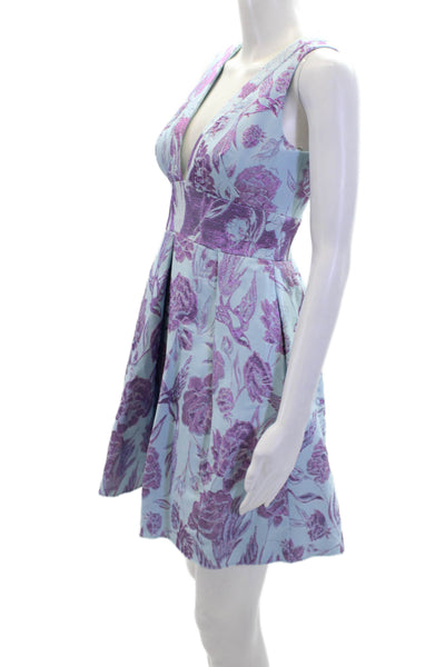 Marchesa Notte Womens Back Zip V Neck Metallic Floral Dress Blue Purple Size 0