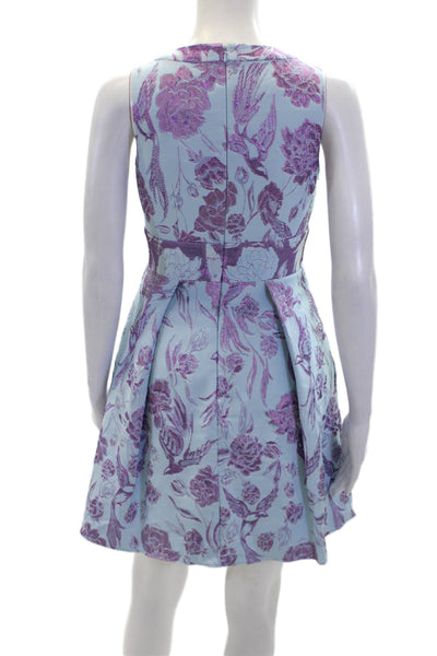 Marchesa Notte Womens Back Zip V Neck Metallic Floral Dress Blue Purple Size 0