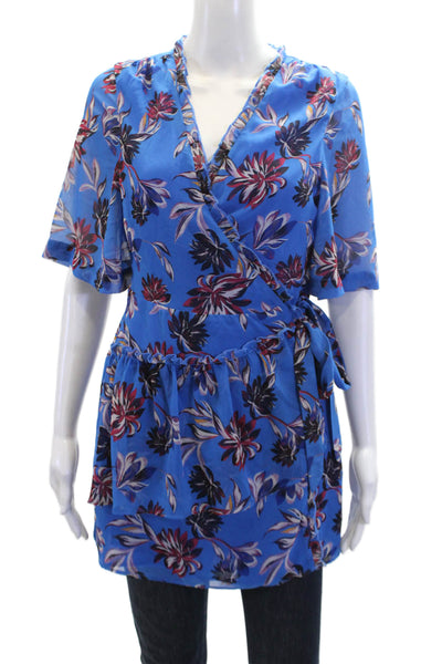 House of Harlow 1960 Womens Textured Short Sleeve Floral Blouse Blue Size S