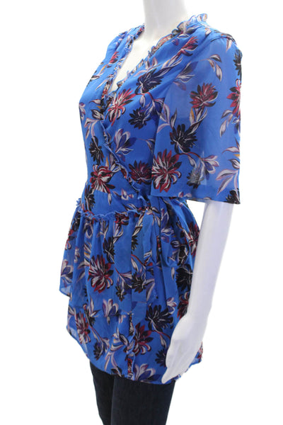 House of Harlow 1960 Womens Textured Short Sleeve Floral Blouse Blue Size S