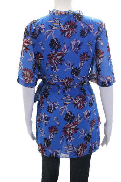 House of Harlow 1960 Womens Textured Short Sleeve Floral Blouse Blue Size S