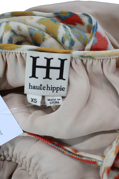Haute Hippie Womens Silk V Neck Ikat Print Mini Dress Beige Multi Size XS