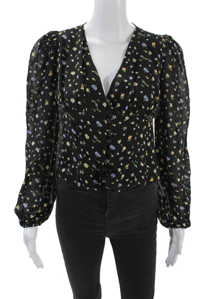 Reformation Womens Floral Print V Neck Blouse Black Multi Colored Size 4