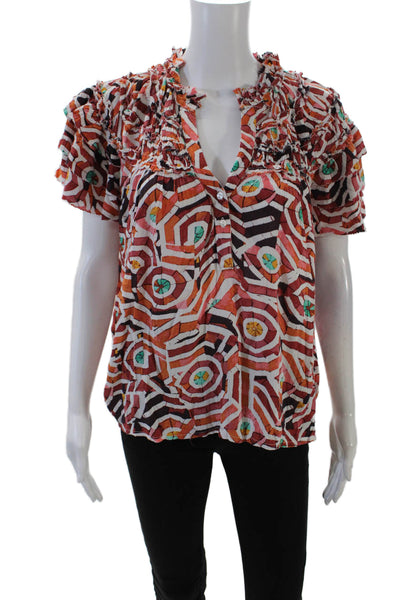 Maeve Anthropologie Womens Y-Neck Sleeveless Ruffled Blouse Multicolor Size S