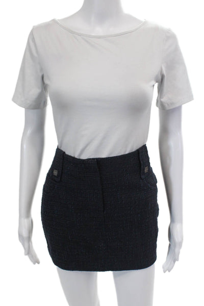 Chanel Womens Wool Blend Zip Front Back Pocket Pencil Mini Skirt Blue Size 42
