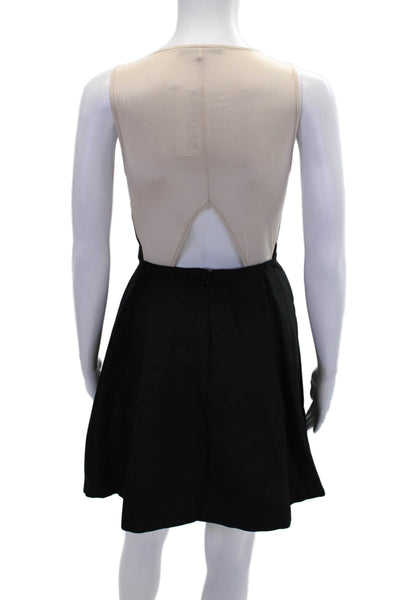 Tibi Womens Front Zip Sleeveless Crew Neck Knee Length Dress Black Beige Size 2