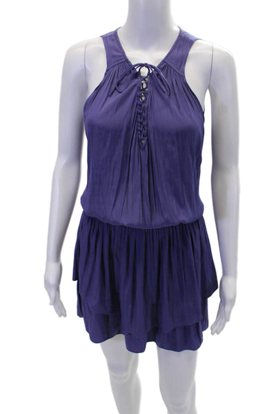 Ramy Brook Womens Sleeveless Lace Up V Neck Tiered Dress Purple Size Extra Small