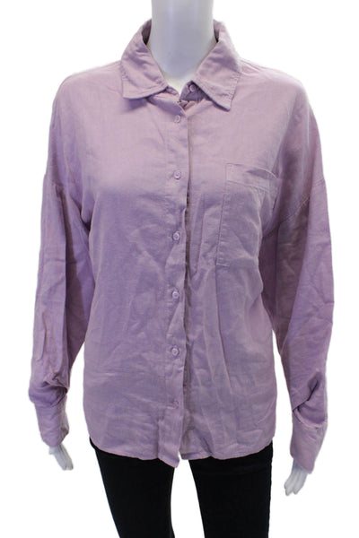Stateside Womens Cotton Button Long Sleeve Collar Blouse Purple Size M