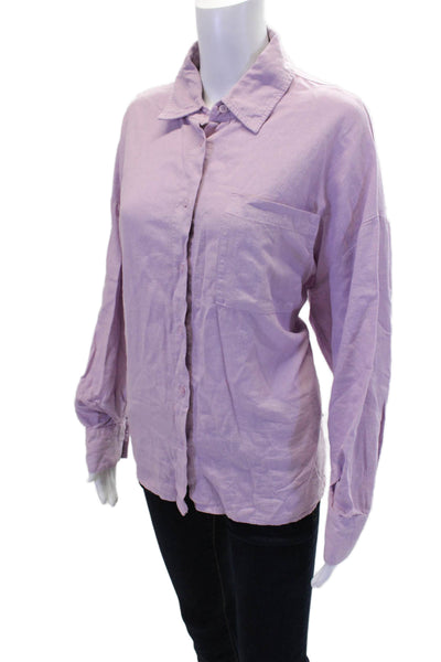 Stateside Womens Cotton Button Long Sleeve Collar Blouse Purple Size M