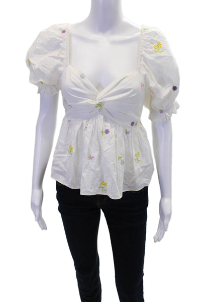 English Factory Womens Floral Embroidered Short Sleeve Babydoll Top White Size S